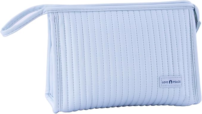 Small Makeup Bag Simple Cosmetic Pouch, Water Resistant PU Striped Leather Portable Travel Toiletry Bag with Handle for Women and Girls (Light Blue)