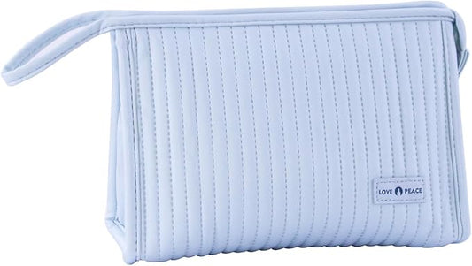 Small Makeup Bag Simple Cosmetic Pouch, Water Resistant PU Striped Leather Portable Travel Toiletry Bag with Handle for Women and Girls (Light Blue)