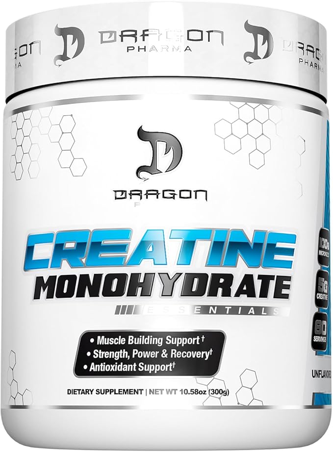 DRAGON PHARMA Creatine Monohydrate, Aid Muscle Recovery, Post-Workout Supplement, Antioxidant Support (60 Servings, Unflavored)