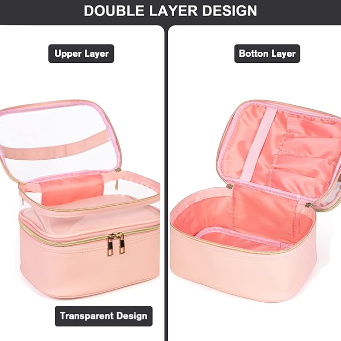 FITINI 3 Pieces Makeup Bags Double Layer Travel Large Cosmetic Cases Organizer Toiletry Bags Waterproof Small Zipper Pouch for Women Makeup Brush Storage Bag,Light Pink