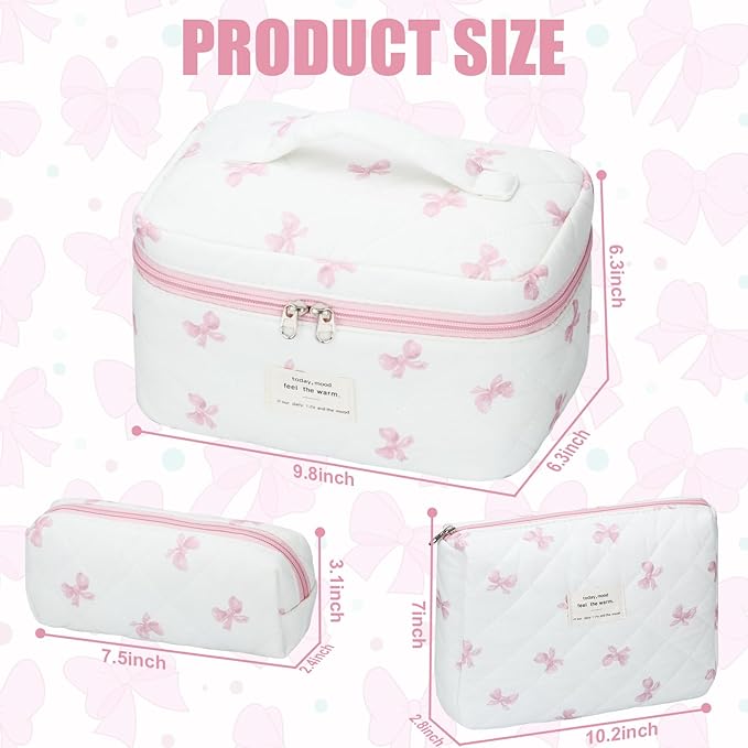 Quilted Makeup Bag Set, 3Pcs Large Checkered Corduroy Cosmetic Bags, Cute Coquette Makeup Bag Toiletry Zipper Pouch Bag for Women and Girls Checkered