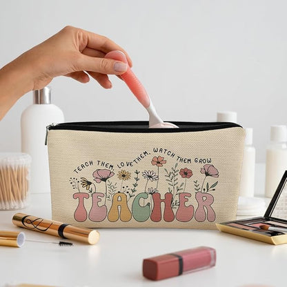 Teacher Bag,Gifts For teacher Survival Kit,Teacher Must Haves, Retro Wildflowers Canvas Makeup Bag,Cosmetic Bag Zipper Travel Toiletry Bag