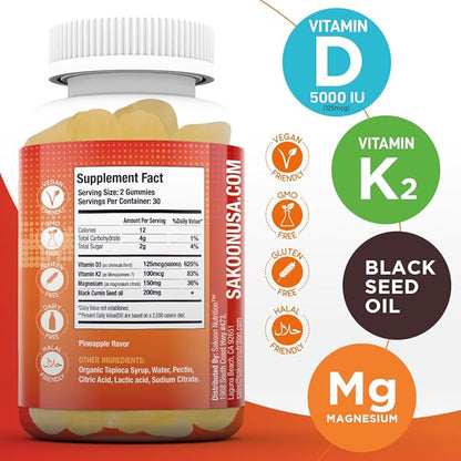 Sakoon nutrition 5000 IU Vitamin D3 K2 Vitamin Supplement with Black Seed Oil for Bone, Teeth, Muscle, and Immune Defense Support, Non-GMO and Gluten Free, 60 Gummy Chewables