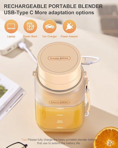 kawu Portable Blender, Portable Smoothie Blender On the Go, No-BPA, Portable Blenders for Shakes and Smoothies Leakproof-Lid and Sip Spout, USB-C Rechargeable, Recipes, with Handle/Strap, White