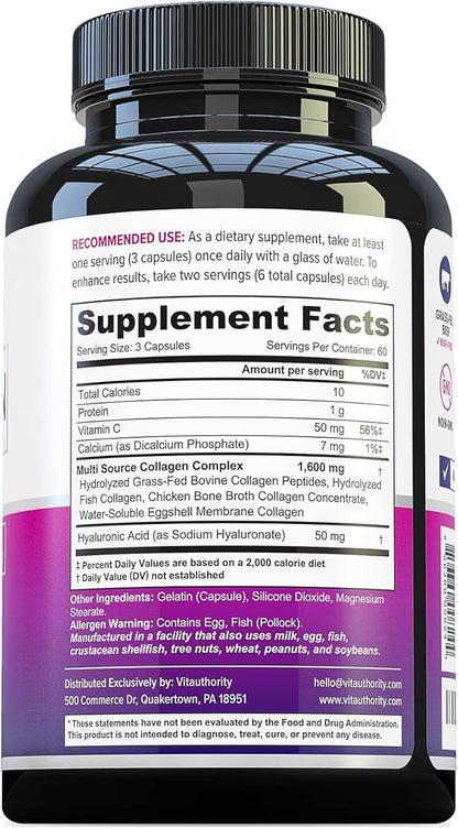 Vitauthority Multi Collagen Pills for Women and Men High Absorption Hydrolyzed Collagen Peptides Capsules for Hair Skin and Nails with Types I II III V X Hyaluronic Acid and Vitamin C - 60 Servings