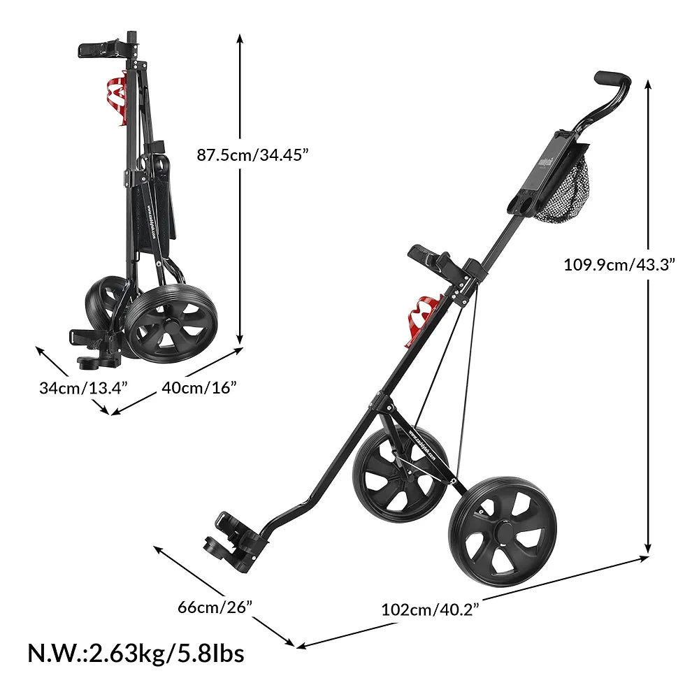 CaddyTek Deluxe Lightweight 2-Wheel Golf Pull Cart – Foldable Compact Trolley with Aluminum Frame, EVA Wheels, Mesh Storage, Ergonomic Handle & Drink Holder