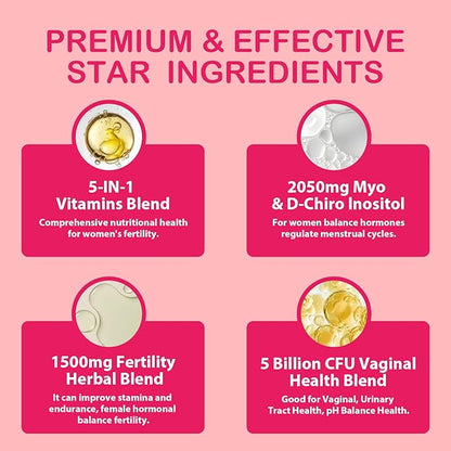 Fertility Supplements for Women, Prenatal Vitamins for Women with Myo-Inositol & D-Chiro Inositol, Folate, Herbs, for Hormonal Balance*, Fertility* & Vaginal Care*, 60 Prenatal Gummies (Raspberry)
