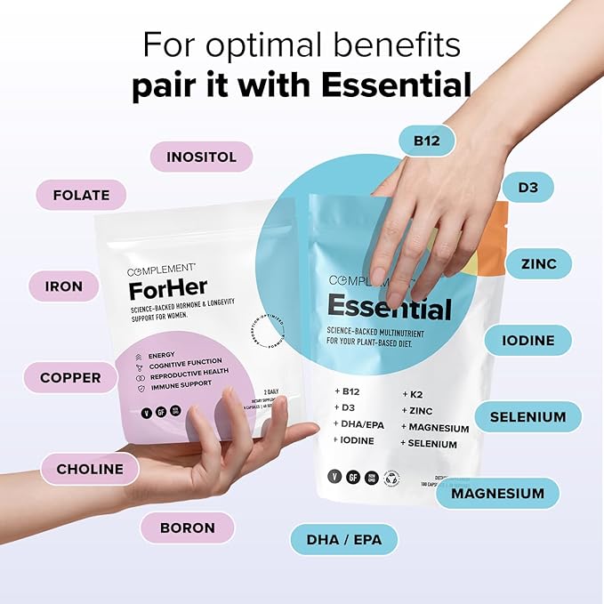 Complement ForHer Multivitamin- Hormone Balance for Women (120 Capsules) Inositol Supplement, Longevity Support, Reproductive Health- B9, Iron- 60 Servings