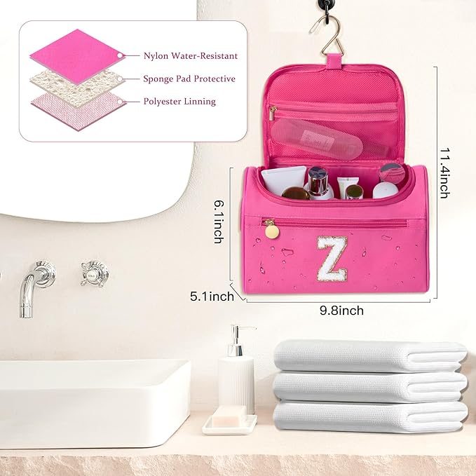 COSHAYSOO Christmas Valentines Galentines Day Fall Travel Gifts for Women Friend Sister Bestie Happy Birthday Party Favor Present, Large Hanging Toiletry Bag Skin Care Toiletries Hot Pink Letter Z