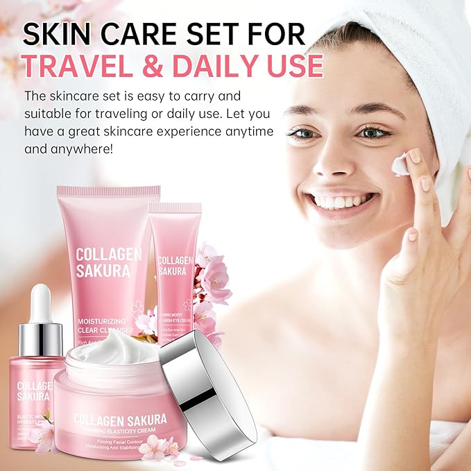 JAPAN SAKURA Skin Care Set, Cherry Blossom Skincare Set for Teen Girls & Women, Moisturizing & Repairing Skin, 4 Pcs Collagen Skin Care Kits for Travel with Facial Cleanser, Serum, Cream & Eye Cream