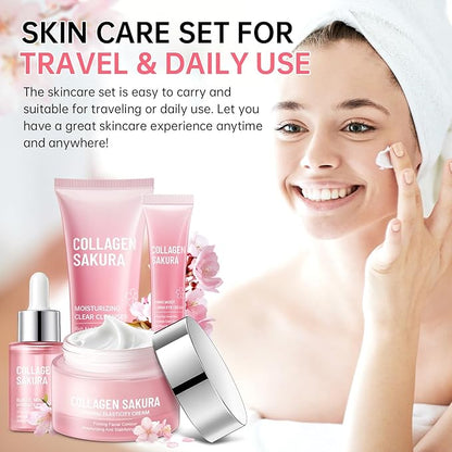 JAPAN SAKURA Skin Care Set, Cherry Blossom Skincare Set for Teen Girls & Women, Moisturizing & Repairing Skin, 4 Pcs Collagen Skin Care Kits for Travel with Facial Cleanser, Serum, Cream & Eye Cream