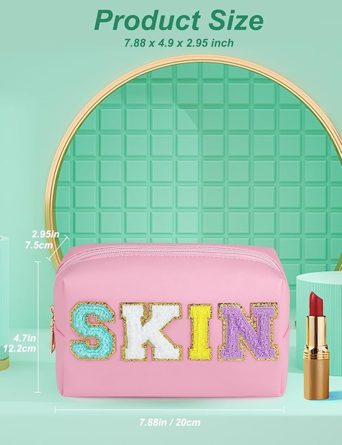 Preppy Makeup Bag, Synthetic Leather Patch Cosmetic Bag with SKIN Chenille Letter for Skincare, Gift for Girlfriend or Wife, Present for Girls, Daughter and Mum (Pink)
