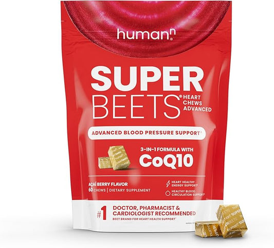 humanN SuperBeets Heart Chews Advanced - 100mg of CoQ10 Plus Beetroot & Grape Seed Extract, 60 Count