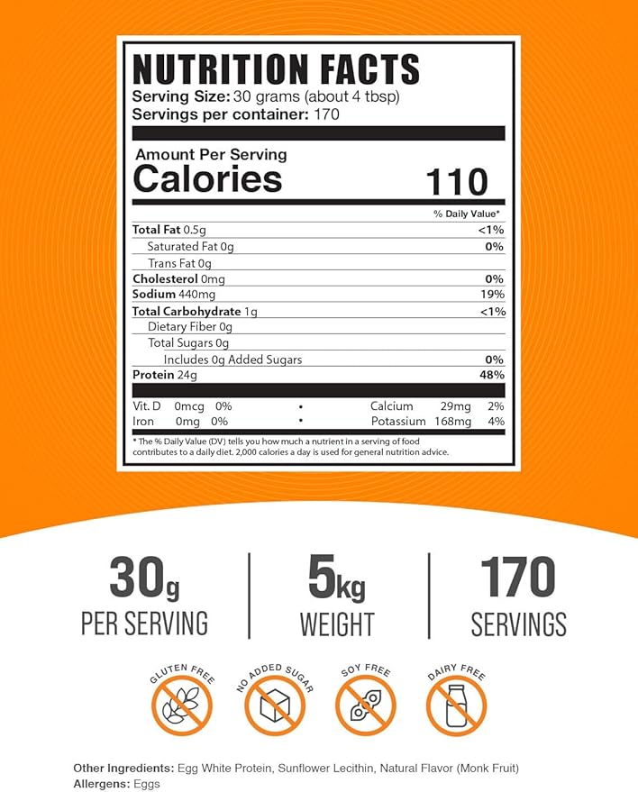 BulkSupplements.com Egg White Protein Powder - Egg White Powder, Lactose Free & Dairy Free Protein Powder - Unflavored & Gluten Free, 30g per Serving, 5kg (11 lbs) (Pack of 5)