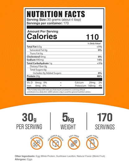 BulkSupplements.com Egg White Protein Powder - Egg White Powder, Lactose Free & Dairy Free Protein Powder - Unflavored & Gluten Free, 30g per Serving, 5kg (11 lbs) (Pack of 5)
