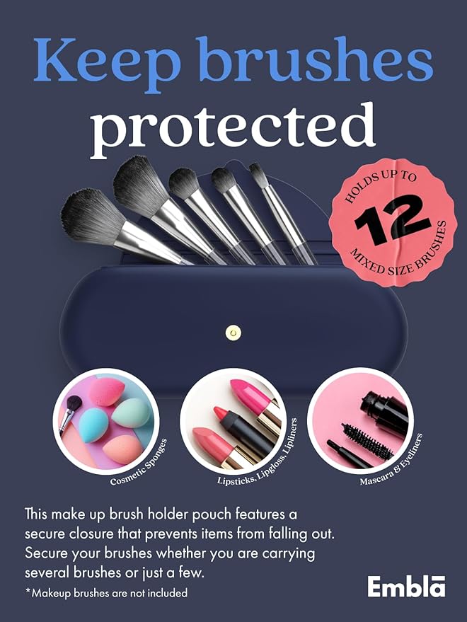 Embla Makeup Brush Holder Travel Cosmetic Case Pouch, Soft Silicone Cosmetic Bag Make Up Brushes Holder with Secure Snap Closure, Travel Makeup Brush Case, Sapphire