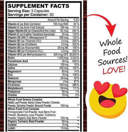 Whole Food Multivitamin Fruit & Super Greens All-in-one Vitamin Complex, 90 Vegan Capsules - Daily Vitamin for Women and Men - Iron, Zinc, B12, Vitamin A, D3 and More