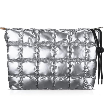 Hillban Puffy Quilted Makeup Bag Quilted Cosmetic Bag Cute Puffer Toiletry Checkered Pouch Aesthetic Travel Makeup Brushes Organizer(Silver,Classic)