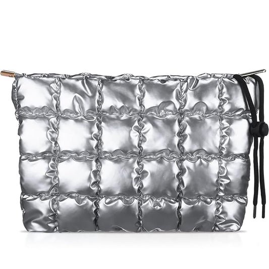 Hillban Puffy Quilted Makeup Bag Quilted Cosmetic Bag Cute Puffer Toiletry Checkered Pouch Aesthetic Travel Makeup Brushes Organizer(Silver,Classic)