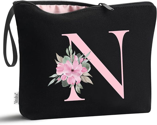 Vavabox A-Z Personalized Makeup Bag, Birthday Gifts for Women Mom, Gifts for Best Friend, Bride Bridesmaid Cosmetic bag (N, Black)