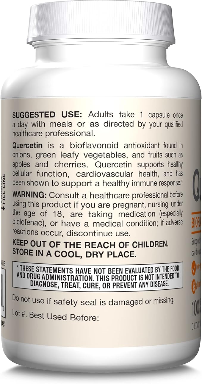 Jarrow Formulas Quercetin 500 mg, Dietary Supplement, Antioxidant Support for Cardiovascular and Immune Health, 100 Veggie Capsules, 100 Day Supply