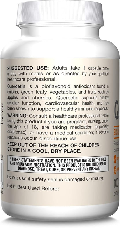 Jarrow Formulas Quercetin 500 mg, Dietary Supplement, Antioxidant Support for Cardiovascular and Immune Health, 100 Veggie Capsules, 100 Day Supply