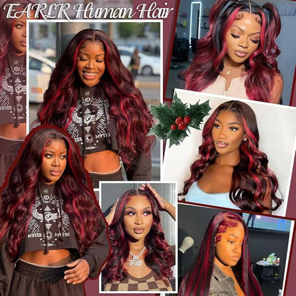 Skunk Stripe Wig Red With Black Highlights Body Wave Lace Front Wig Human Hair 13X4 HD Lace Front Wig Burgundy Colored Body Wave Wigs Pre Plucked With Baby Hair 150% Density Natural Hairline 16inch