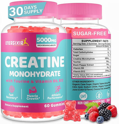 Creatine Monohydrate Gummies, Creatine for Women, Creatine Pre Workout Chewables Supplement 5000mg with Taurine & B6 - for Muscle, Recovery, Strength, Energy & Endurance and Performance - 60 Count