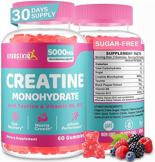 Creatine Monohydrate Gummies, Creatine for Women, Creatine Pre Workout Chewables Supplement 5000mg with Taurine & B6 - for Muscle, Recovery, Strength, Energy & Endurance and Performance - 60 Count