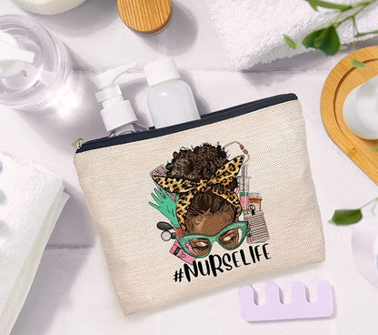 IWXYI Afro Messy Bun Nurse Life Cosmetic Bag For Women,Western Nurse Life Women's Makeup Bag Case Bags Zipper Pouch Travel Toiletry Gifts For Women Afro Nurse,Afro Nurse Gift,Nurses Day Gift