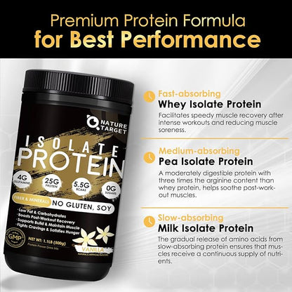 NATURE TARGET Isolate Whey Protein Powder Vanilla, 25g Protein Low Carb Sugar-Free & Gluten-Free, 5.5g BCAAs, Rich in Fibers & Minerals, 1.08 Pound, 16 Servings