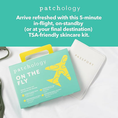 Patchology On The Fly Travel Facial Kit – Travel-Friendly Hydrating Skincare Essentials for Face, Eyes and Lips – Includes 2 Pair Under Eye Patches, 2 Hydrate Sheet Mask for Refreshed Skin,1 Lip Mask