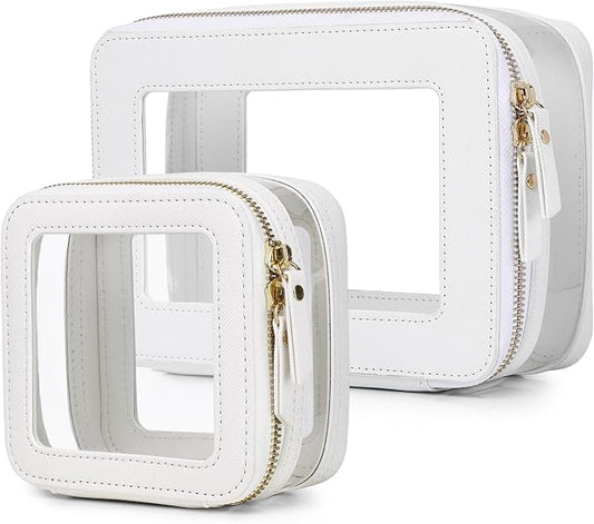 Clear Makeup Bag with Zipper Waterproof Travel Makeup Set for Cosmetics and Toiletries Women's Purse Organizer and Car Essentials (White, M+MINI)