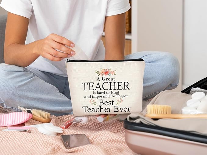 Teacher Appreciation Gifts for Women - Best Teacher Ever Cosmetic Bag - Small Travel Makeup Organizer