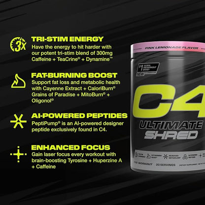 Cellucor C4 Ultimate Shred Pre Workout Powder, Metabolism Supplement with Cayenne Extract+300mg Caffeine+TeaCrine+Dynamine - Pink Lemonade, 20 Servings