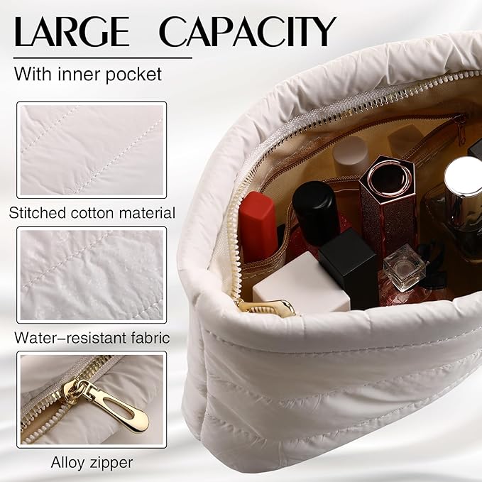 Hillban Puffy Quilted Makeup Bag Quilted Cosmetic Bag Cute Puffer Toiletry Checkered Pouch Aesthetic Travel Makeup Brushes Organizer(White,Classic Stripes)