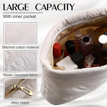 Hillban Puffy Quilted Makeup Bag Quilted Cosmetic Bag Cute Puffer Toiletry Checkered Pouch Aesthetic Travel Makeup Brushes Organizer(White,Classic Stripes)