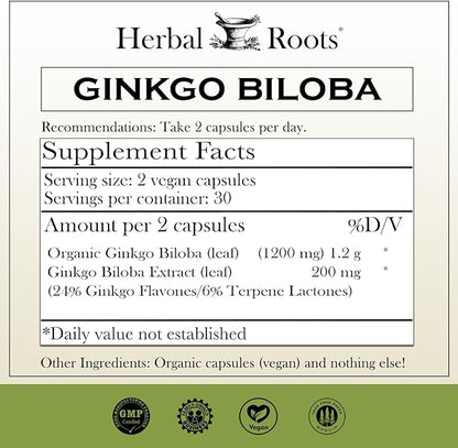 Herbal Roots Ginkgo Biloba Made with Pure Organic Ginkgo Leaf - 1,400mg per Serving, 60 Vegan Capsules