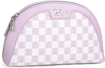 Small Makeup Bag for Purse Cosmetic Bag: Checkered Make up Bag for Women - Cute Preppy Skincare Bags for Evening - Waterproof Travel Pouch for Toiletry Organizer with Mirror & Zipper(021-Purple)