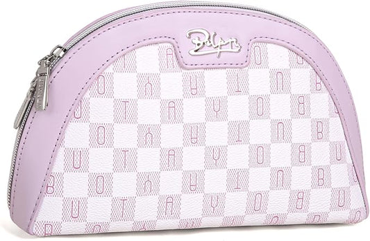 Small Makeup Bag for Purse Cosmetic Bag: Checkered Make up Bag for Women - Cute Preppy Skincare Bags for Evening - Waterproof Travel Pouch for Toiletry Organizer with Mirror & Zipper(021-Purple)