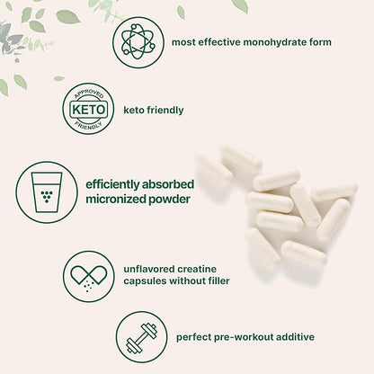 Creatine Monohydrate 5,000mg, 500 Capsules | Pure Creatine Pills – Micronized + Unflavored Powder Source, Easy Absorption | Pre Workout & Muscle Health Support | Keto, Non-GMO