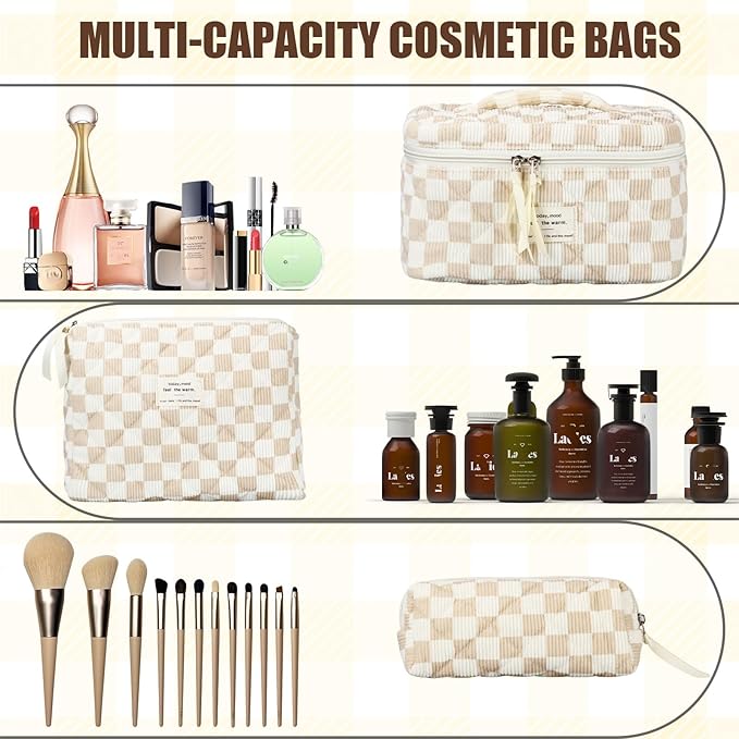 Quilted Makeup Bag Set, 3Pcs Large Checkered Corduroy Cosmetic Bags, Cute Coquette Makeup Bag Toiletry Zipper Pouch Bag for Women and Girls Checkered