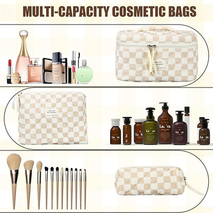 Quilted Makeup Bag Set, 3Pcs Large Checkered Corduroy Cosmetic Bags, Cute Coquette Makeup Bag Toiletry Zipper Pouch Bag for Women and Girls Checkered