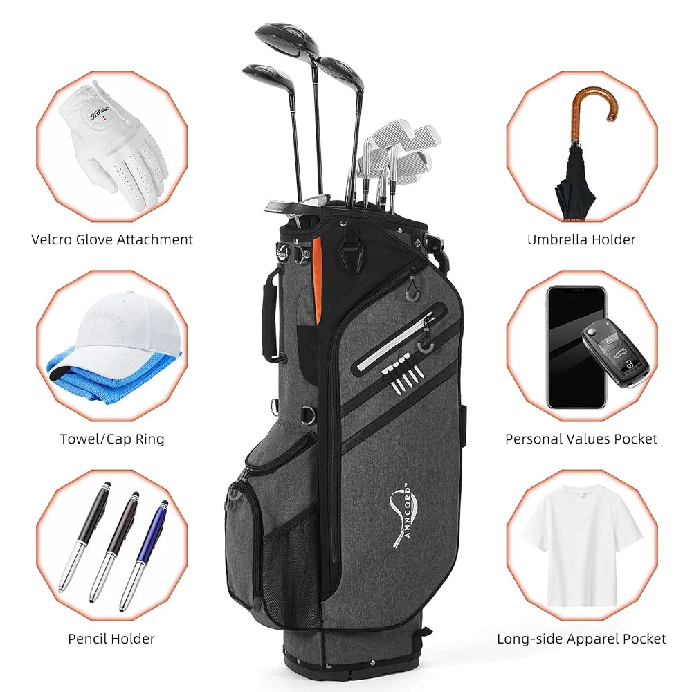 Golf Stand Bag 14 Way Top Dividers Full-Length with Stand, 7 Pockets, Lightweight Golf Bag for Men, Dual Strap, Rain Hood, Portable Golf Club Bag for Men Women