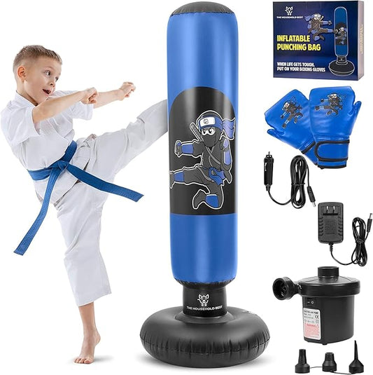 THB Punching Bag for Kids - Inflatable Punching Bag Stand with Boxing Gloves for Kids Age 3-8, 63” Ninja Boxing Bag with Electric Air Pump to Practice Taekwondo, Karate, MMA, Bouncing Back Boxing Set