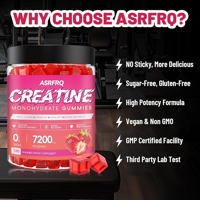 Creatine Monohydrate Gummies for Men & Women 120 CT - 7200mg of Creatine Monohydrate per Serving, Chewable Creatine Monohydrate for Muscle Support & Energy Boost, Sugar Free, Vegan (Strawberry Flavor)