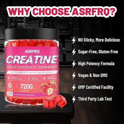 Creatine Monohydrate Gummies for Men & Women 120 CT - 7200mg of Creatine Monohydrate per Serving, Chewable Creatine Monohydrate for Muscle Support & Energy Boost, Sugar Free, Vegan (Strawberry Flavor)