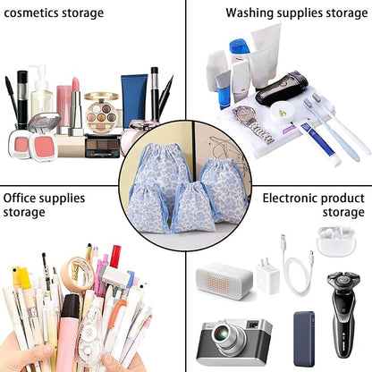 LYDZTION 4pcs Floral Drawstring Makeup Bags Pouches For Purse, Small Canvas Cloth Gift Bags Pouch For Cosmetics Jewerlry Home Travel Storage,Blue