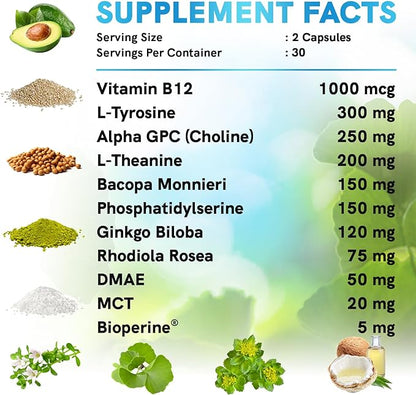 11-in-1 Nootropic Brain Supplements: Memory & Focus Supplement with Ginkgo Biloba, L Theanine, Bioperine, & Alpha GPC Choline - 1321mg, 60ct - Stimulant Free, Vegan - Focus Brain Support (1 pack)