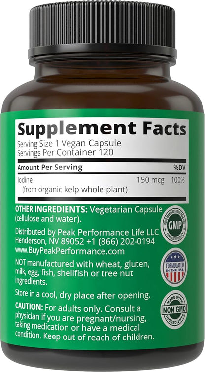 Peak Performance Raw Whole Food Iodine Supplement from Organic Kelp (Ascophyllum Nodosum) Potassium Iodide Support Tablets. for Metabolism, Energy, and Immune. 120 Vegan Capsules, Pills.